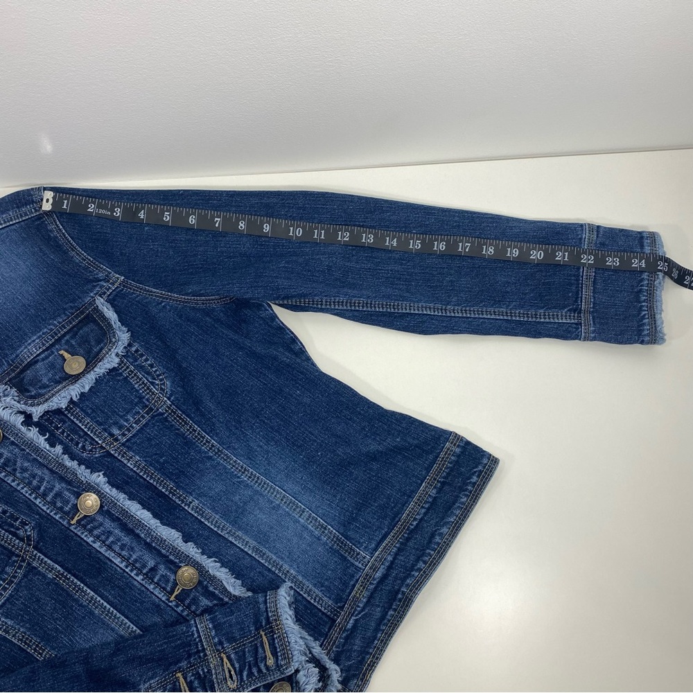 Kikit Jeans Frayed Raw Edge Distressed Trucker Blue Denim Jean Jacket Stretch XL - Picture 8 of 10